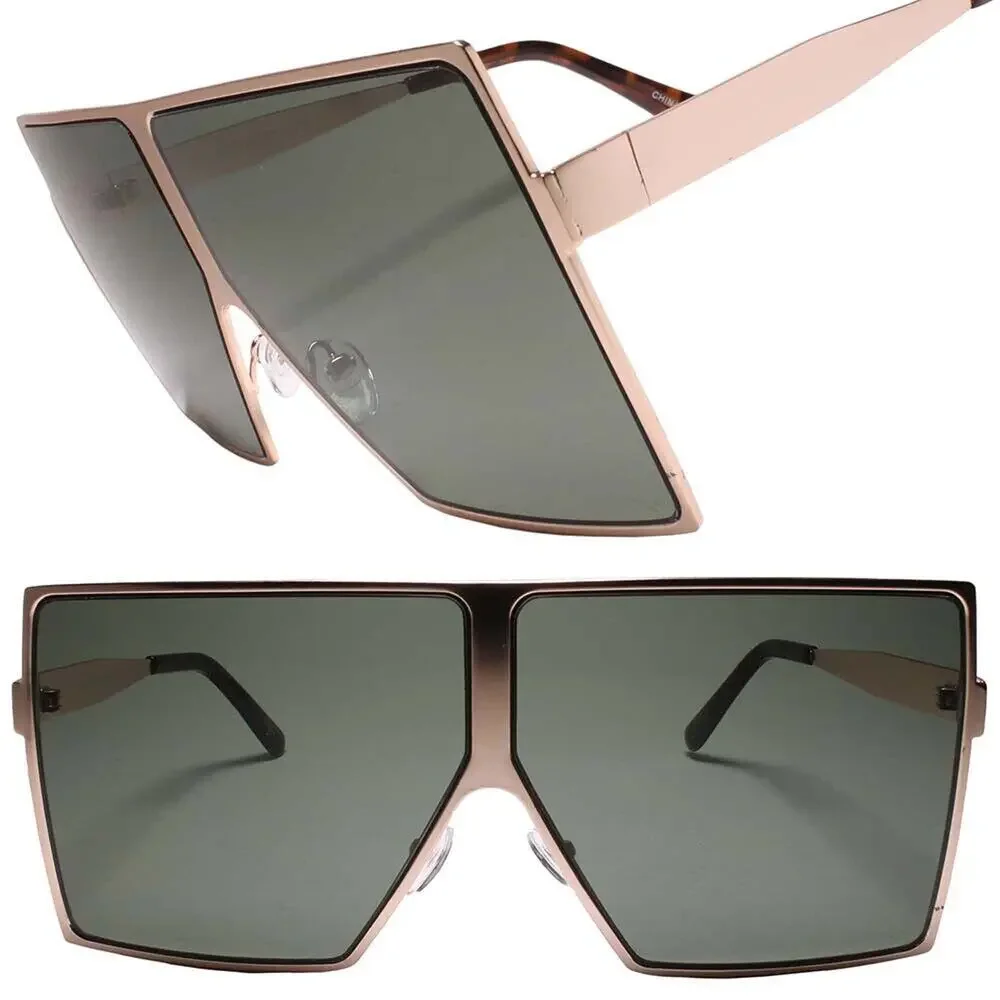 Contemporary Glam XXL Oversized Fashion Metal Square Gold Sunglasses Women